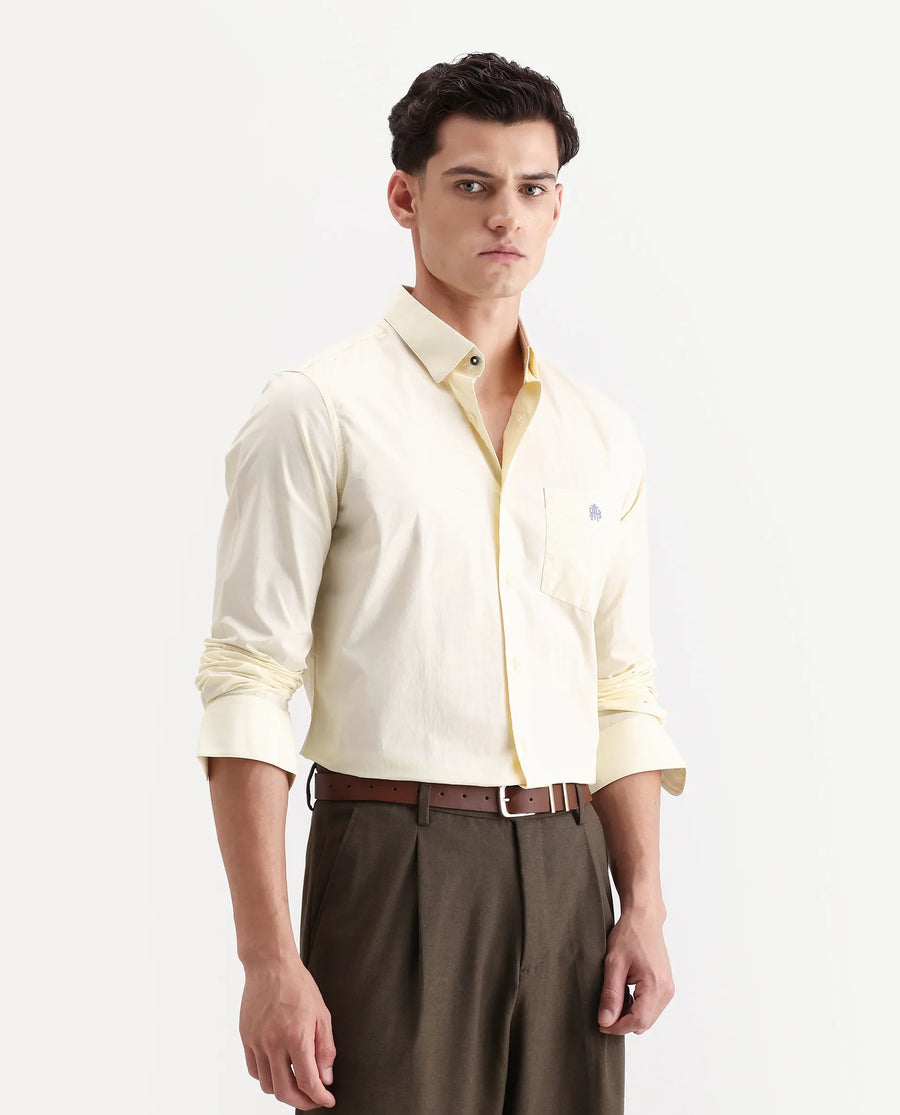 Rare Rabbit Men's Harmin Pastel Yellow Cotton Embroidered Regular Fit Full Sleeve Collared Shirt