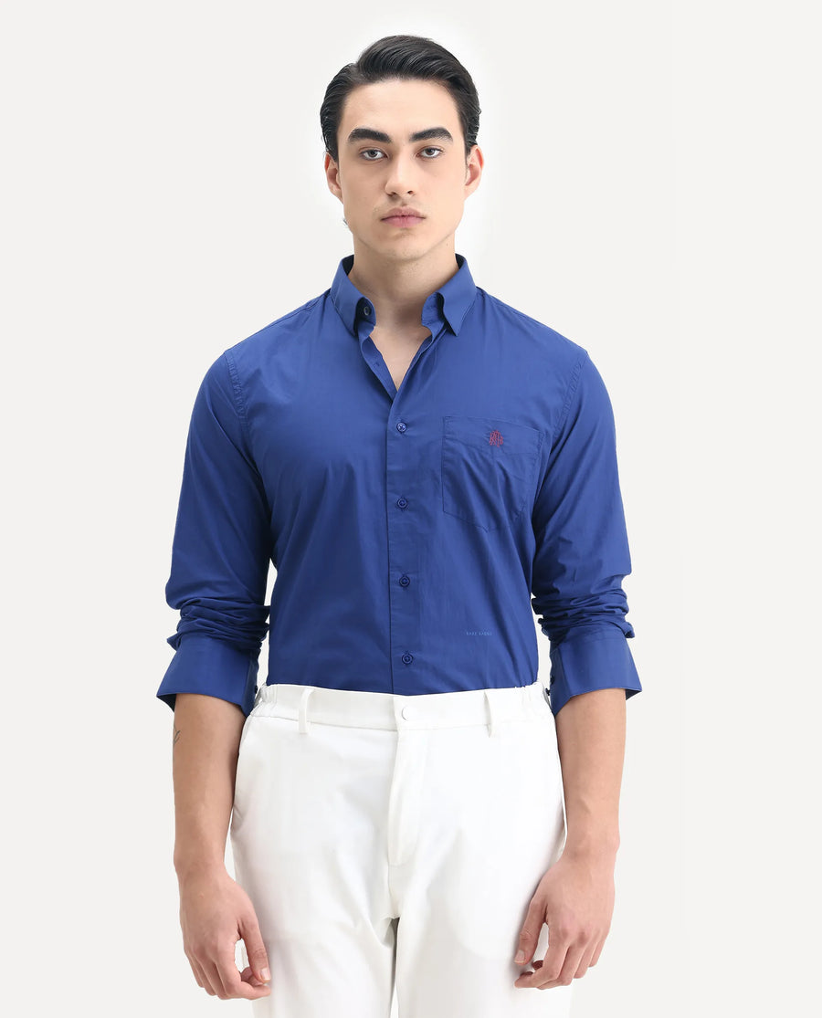 Rare Rabbit Men's Harmin Pastel Dark Blue Cotton Embroidered Regular Fit Full Sleeve Collared Shirt