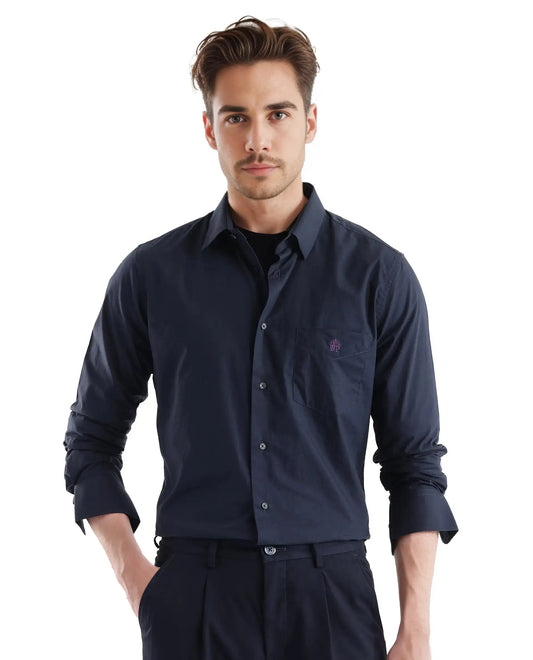 Rare Rabbit Men's Harmin Navy Cotton Plain Regular Fit Full Sleeve Collared Shirt