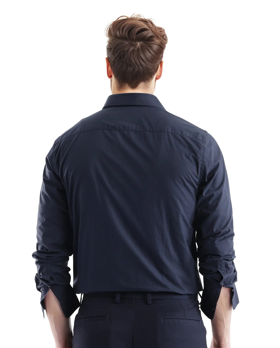 Rare Rabbit Men's Harmin Navy Cotton Plain Regular Fit Full Sleeve Collared Shirt