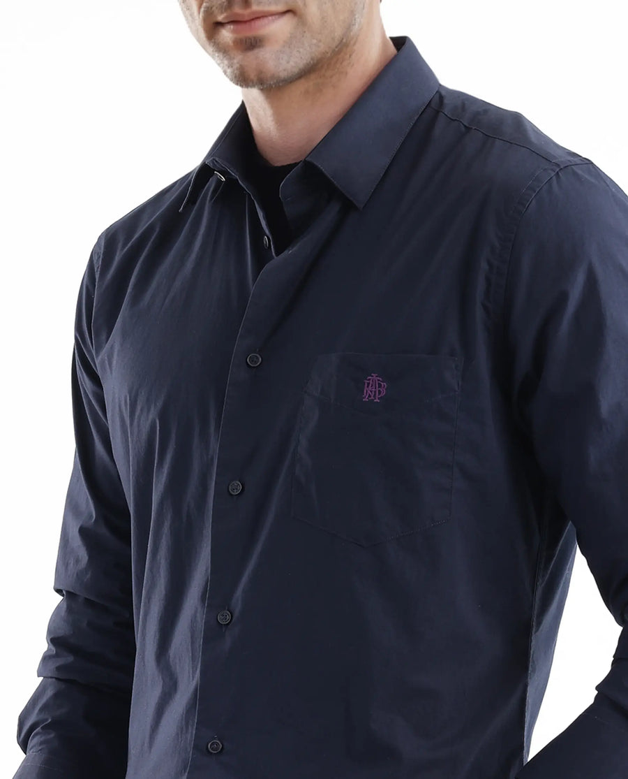 Rare Rabbit Men's Harmin Navy Cotton Plain Regular Fit Full Sleeve Collared Shirt