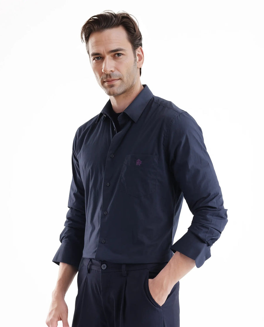 Rare Rabbit Men's Harmin Navy Cotton Plain Regular Fit Full Sleeve Collared Shirt