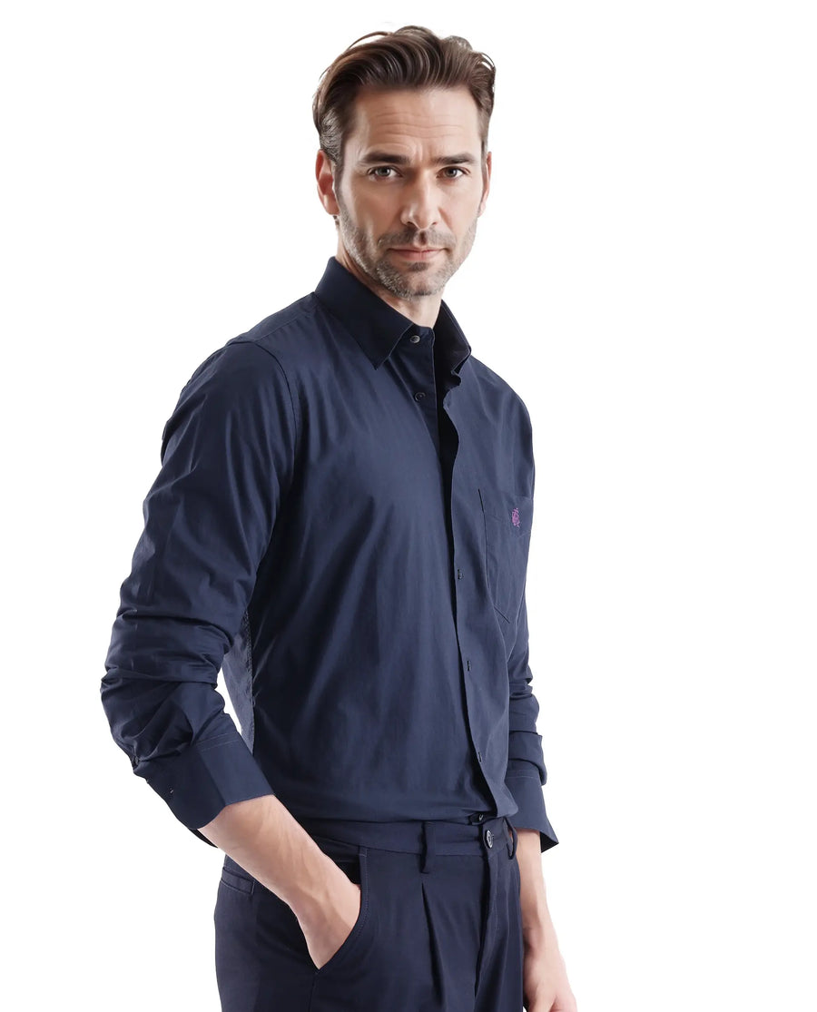 Rare Rabbit Men's Harmin Navy Cotton Plain Regular Fit Full Sleeve Collared Shirt