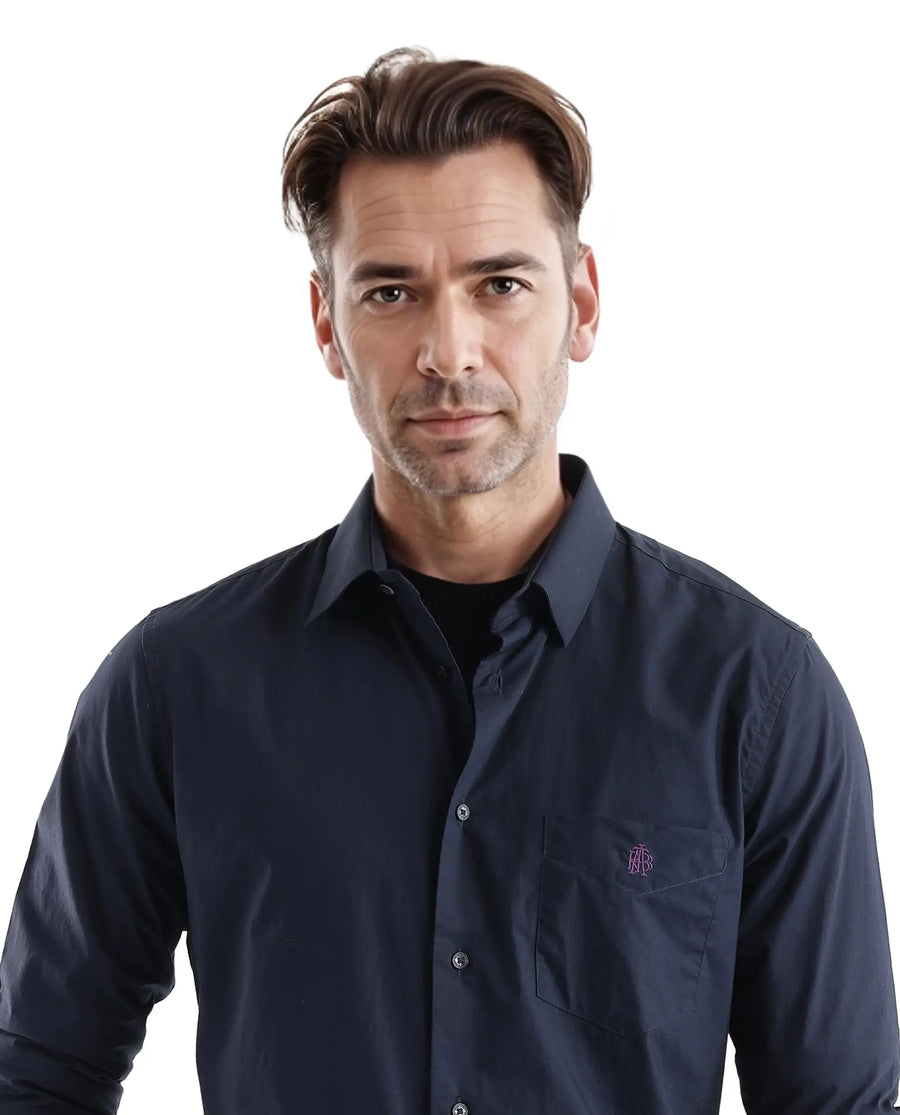 Rare Rabbit Men's Harmin Navy Cotton Plain Regular Fit Full Sleeve Collared Shirt