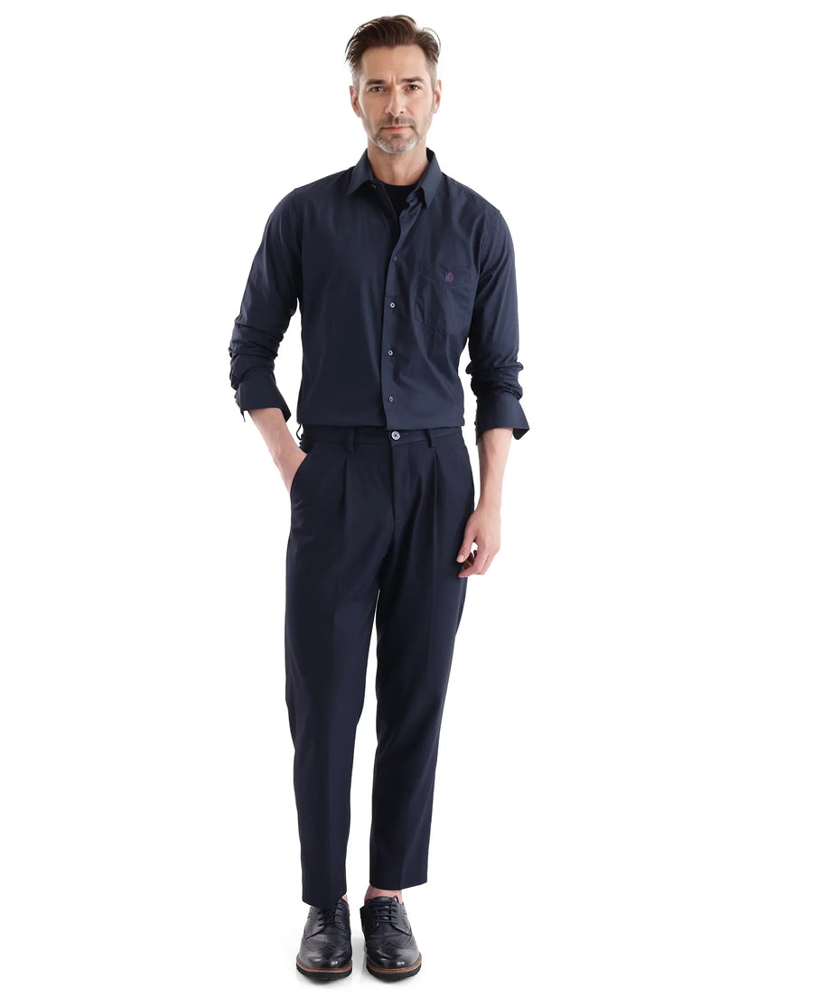 Rare Rabbit Men's Harmin Navy Cotton Plain Regular Fit Full Sleeve Collared Shirt