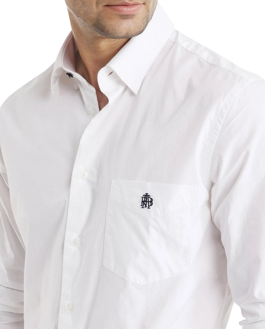 Rare Rabbit Men's Harmin White Cotton Embroidered Regular Fit Full Sleeve Collared Shirt