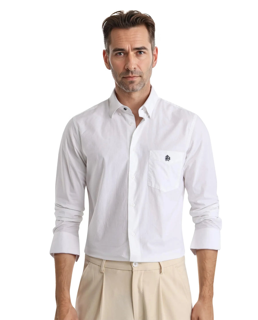 Rare Rabbit Men's Harmin White Cotton Embroidered Regular Fit Full Sleeve Collared Shirt
