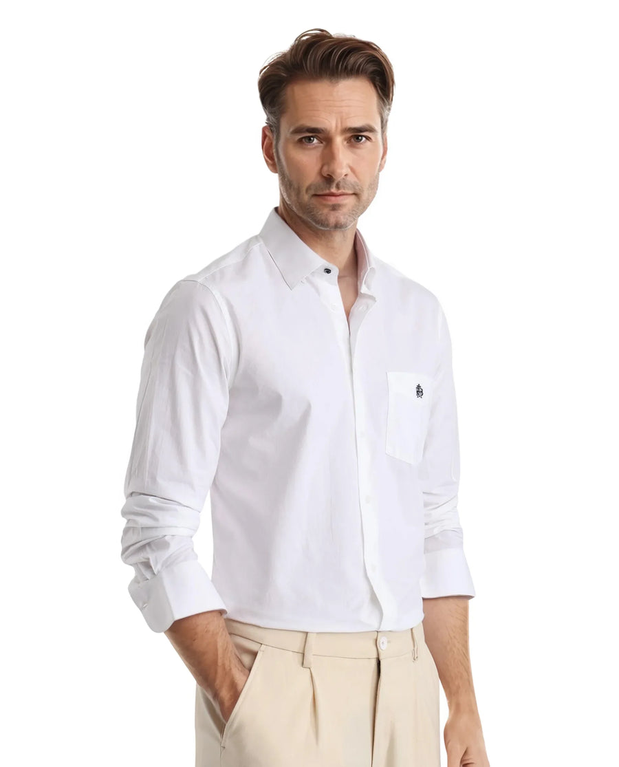 Rare Rabbit Men's Harmin White Cotton Embroidered Regular Fit Full Sleeve Collared Shirt