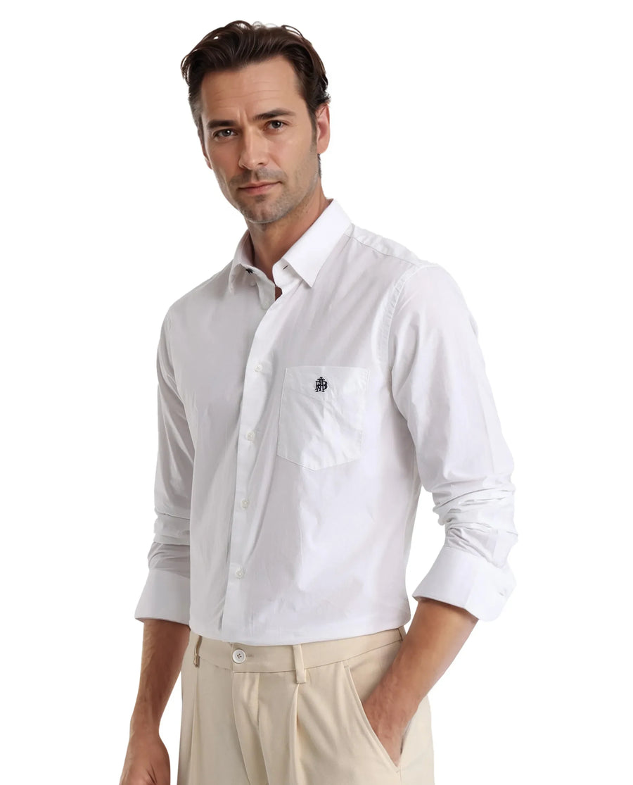 Rare Rabbit Men's Harmin White Cotton Embroidered Regular Fit Full Sleeve Collared Shirt