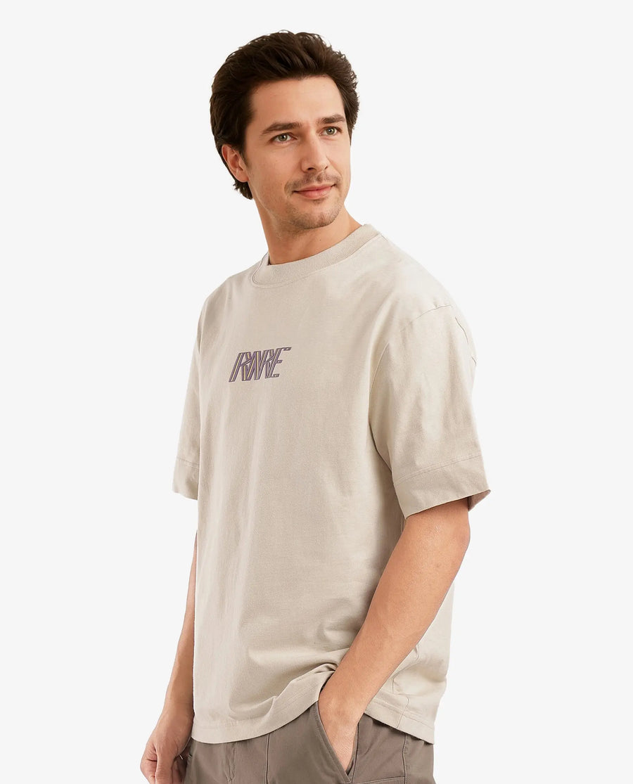 Rare Rabbit Men's Harve Beige Cotton Blend Graphic Print Boxy Fit Half Sleeve Crew Neck T-Shirt