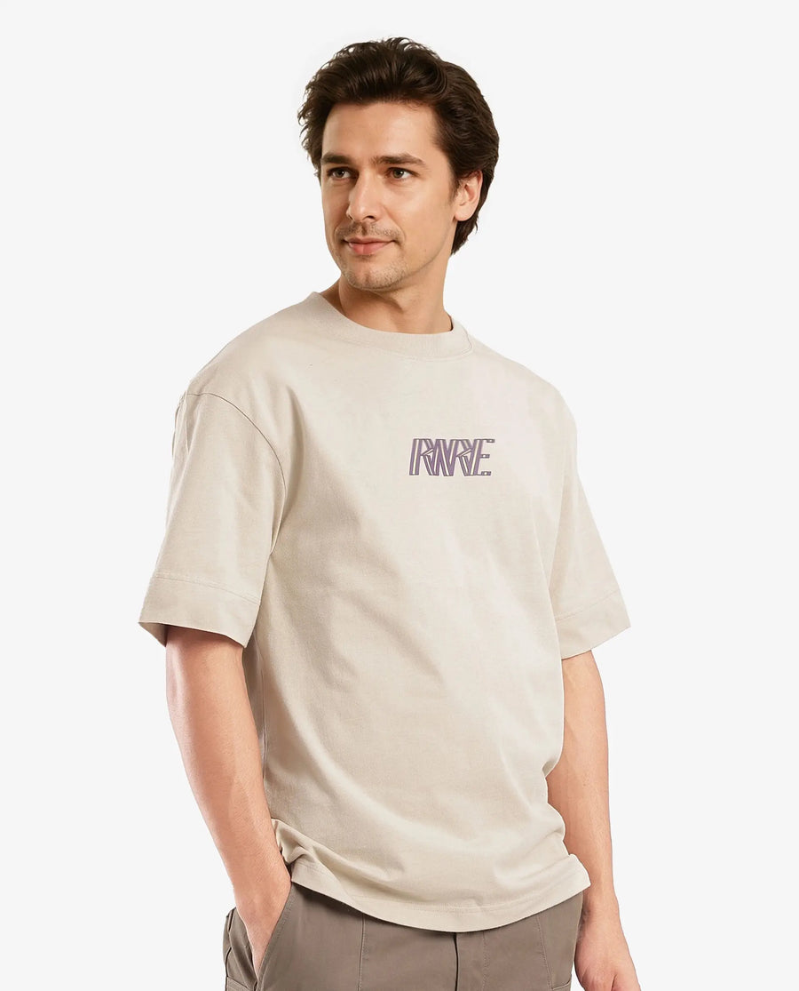 Rare Rabbit Men's Harve Beige Cotton Blend Graphic Print Boxy Fit Half Sleeve Crew Neck T-Shirt