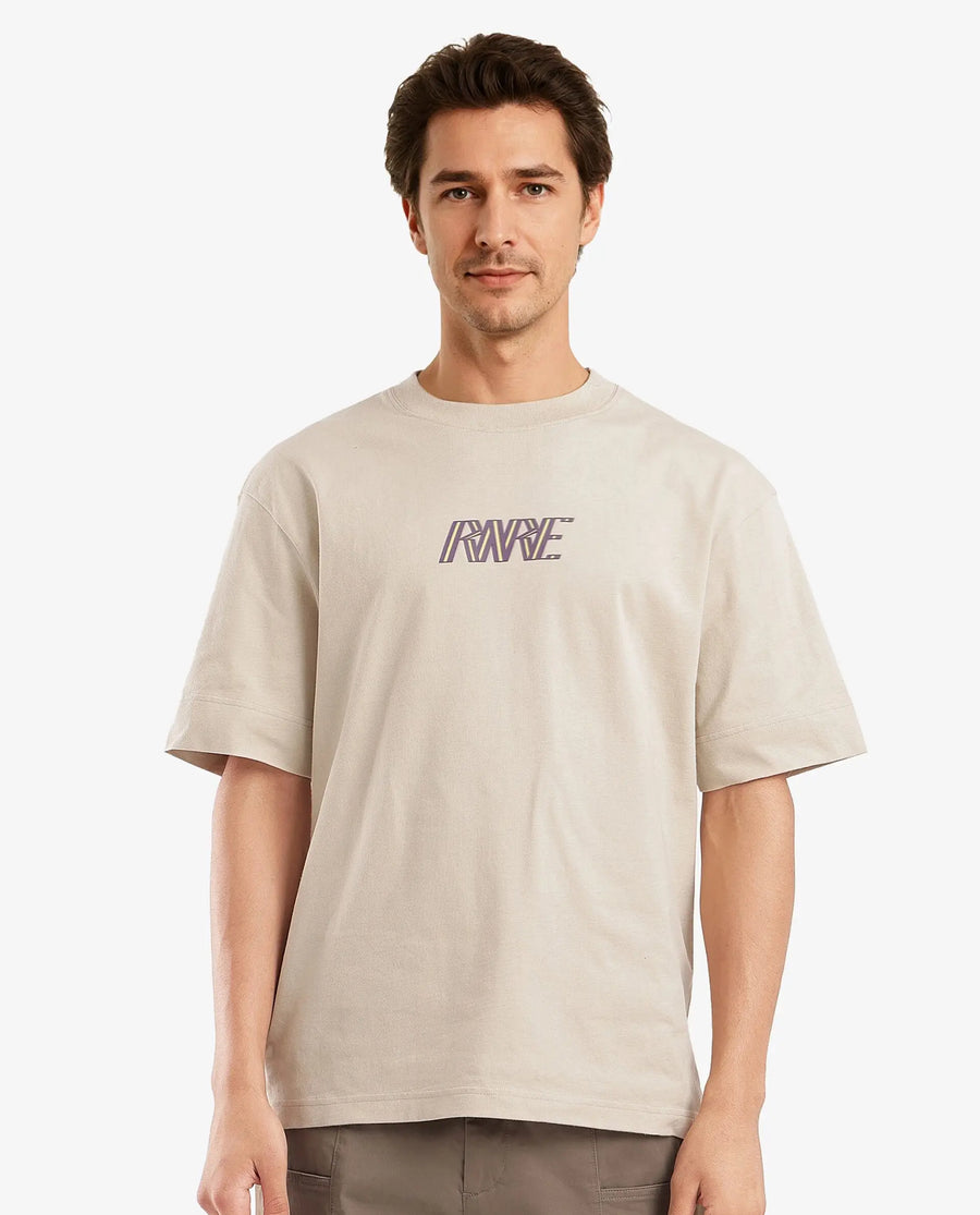 Rare Rabbit Men's Harve Beige Cotton Blend Graphic Print Boxy Fit Half Sleeve Crew Neck T-Shirt