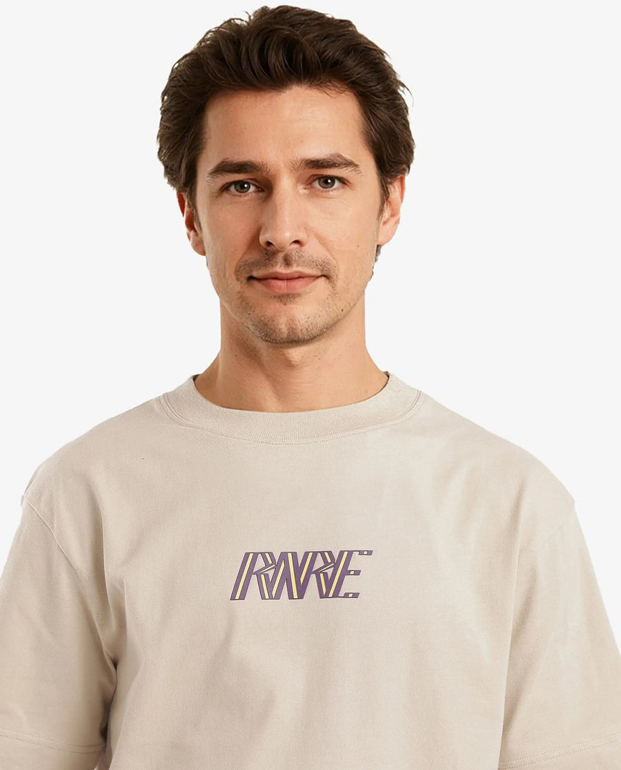 Rare Rabbit Men's Harve Beige Cotton Blend Graphic Print Boxy Fit Half Sleeve Crew Neck T-Shirt