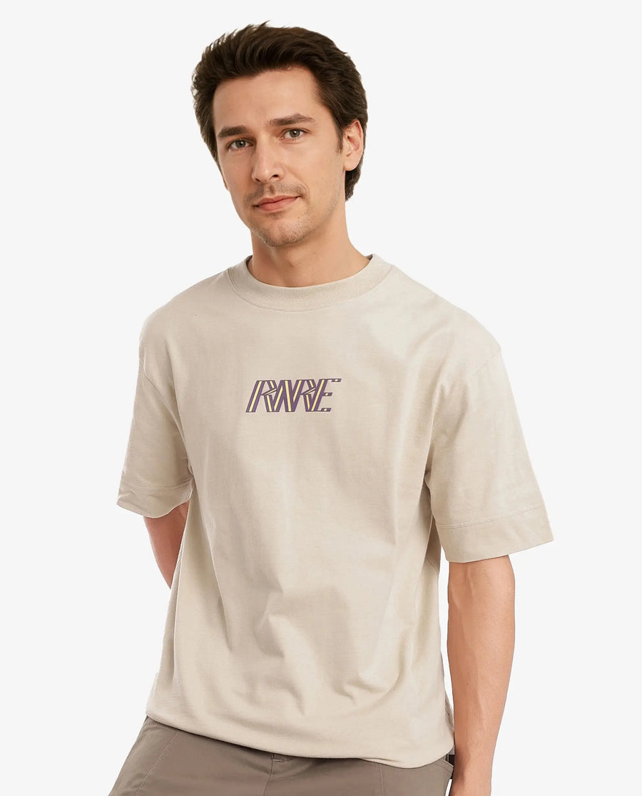 Rare Rabbit Men's Harve Beige Cotton Blend Graphic Print Boxy Fit Half Sleeve Crew Neck T-Shirt