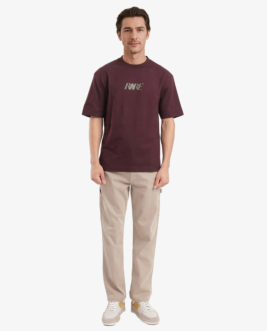 Rare Rabbit Men's Harve Brown Cotton Blend Graphic Print Boxy Fit Half Sleeve Crew Neck T-Shirt