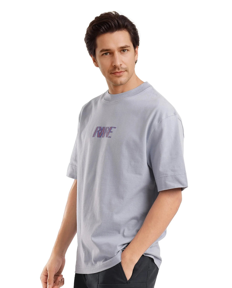 Rare Rabbit Men's Harve Light Blue Cotton Blend Graphic Print Boxy Fit Half Sleeve Crew Neck T-Shirt