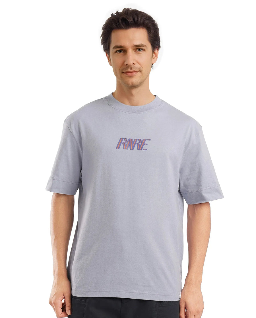 Rare Rabbit Men's Harve Light Blue Cotton Blend Graphic Print Boxy Fit Half Sleeve Crew Neck T-Shirt