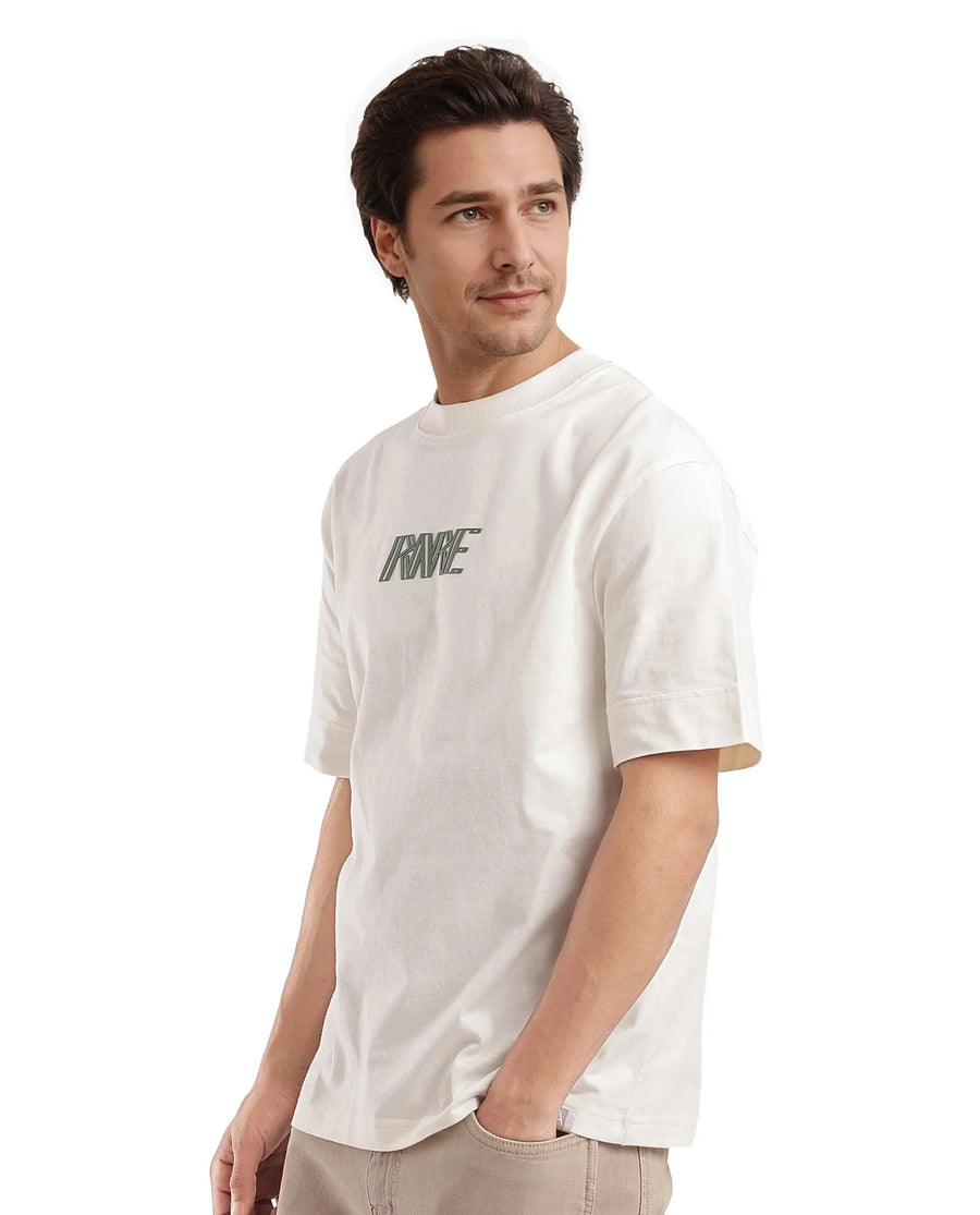 Rare Rabbit Men's Harve Off White Cotton Graphic Print Boxy Fit Half Sleeve Crew Neck T-Shirt