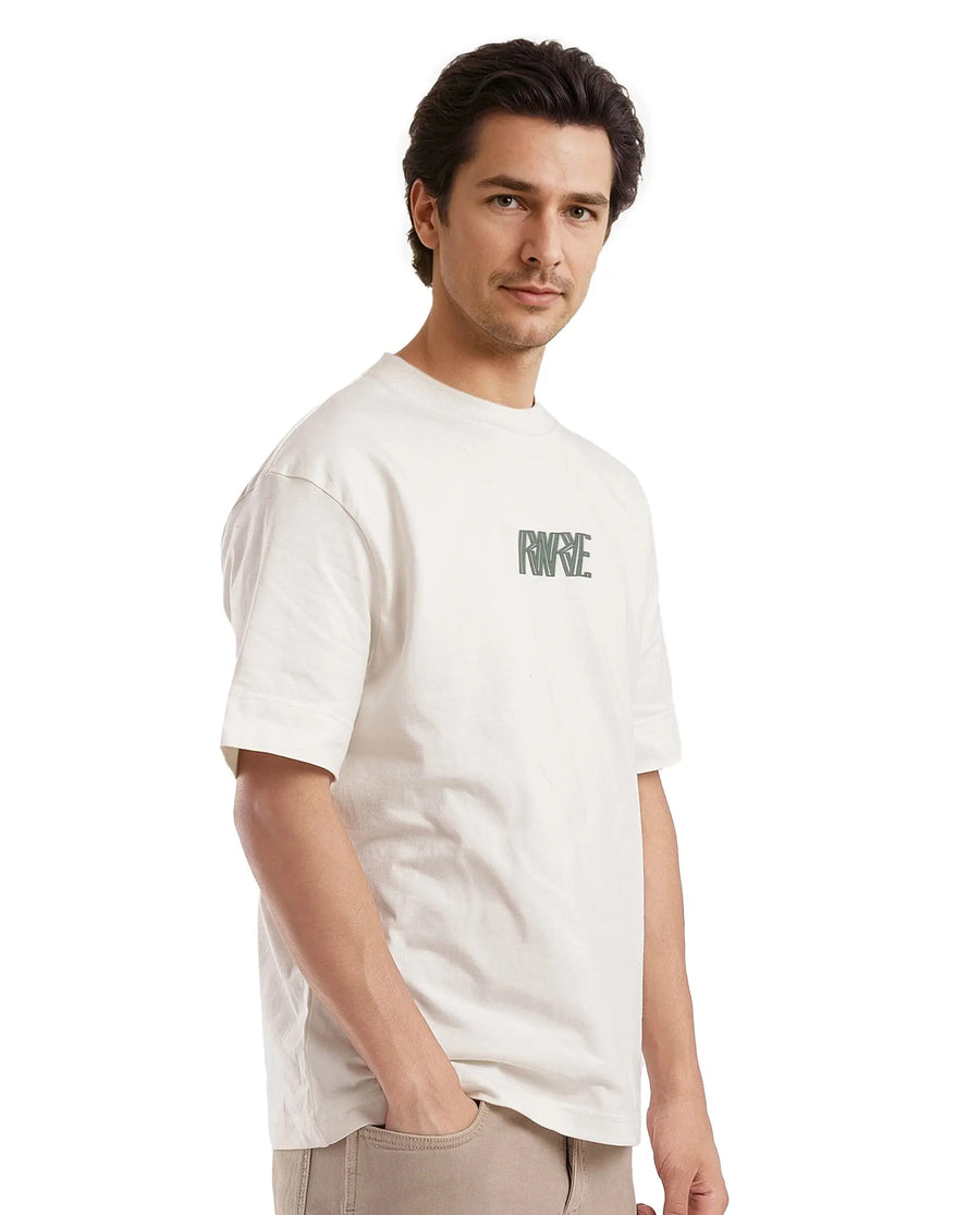 Rare Rabbit Men's Harve Off White Cotton Graphic Print Boxy Fit Half Sleeve Crew Neck T-Shirt