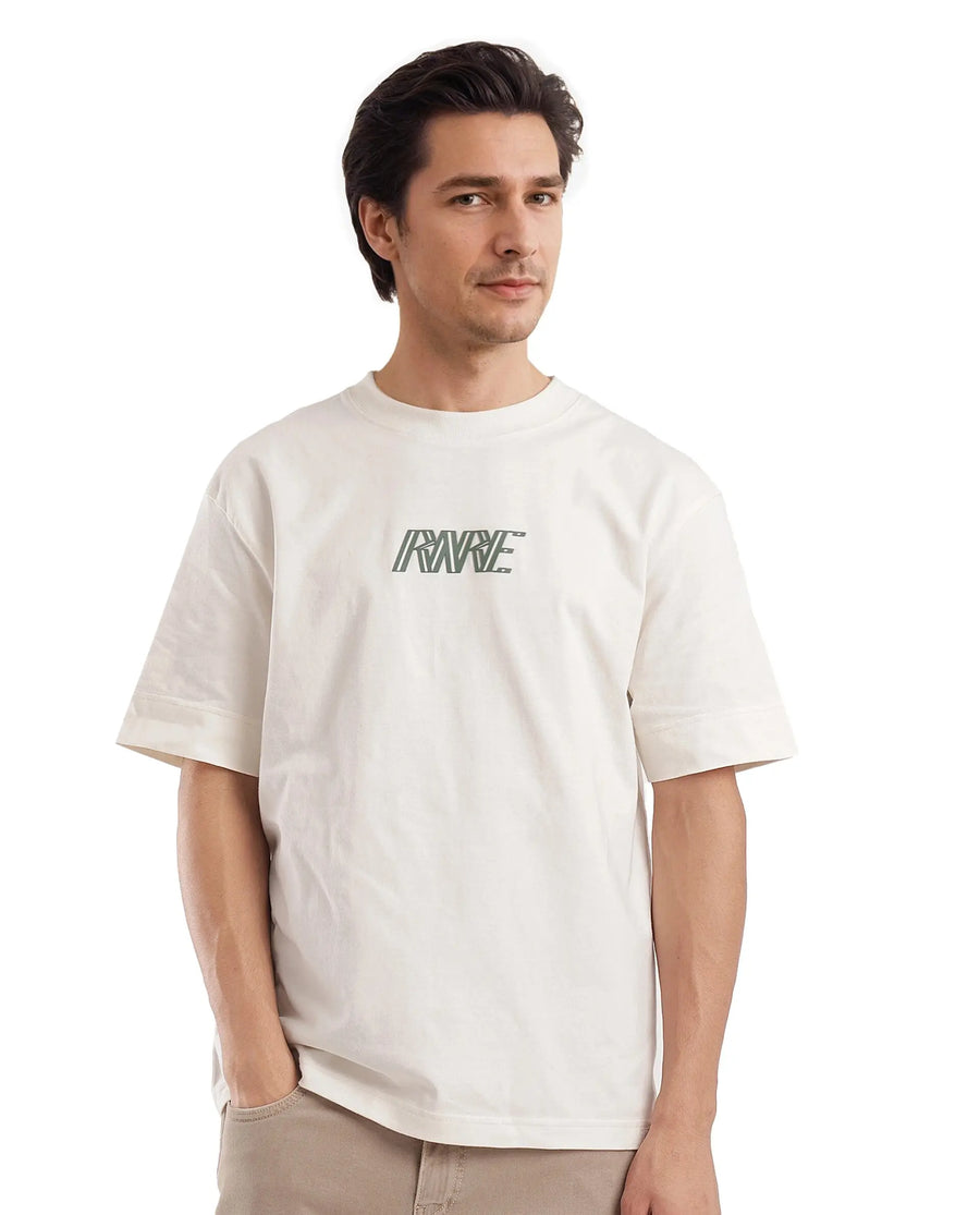 Rare Rabbit Men's Harve Off White Cotton Graphic Print Boxy Fit Half Sleeve Crew Neck T-Shirt