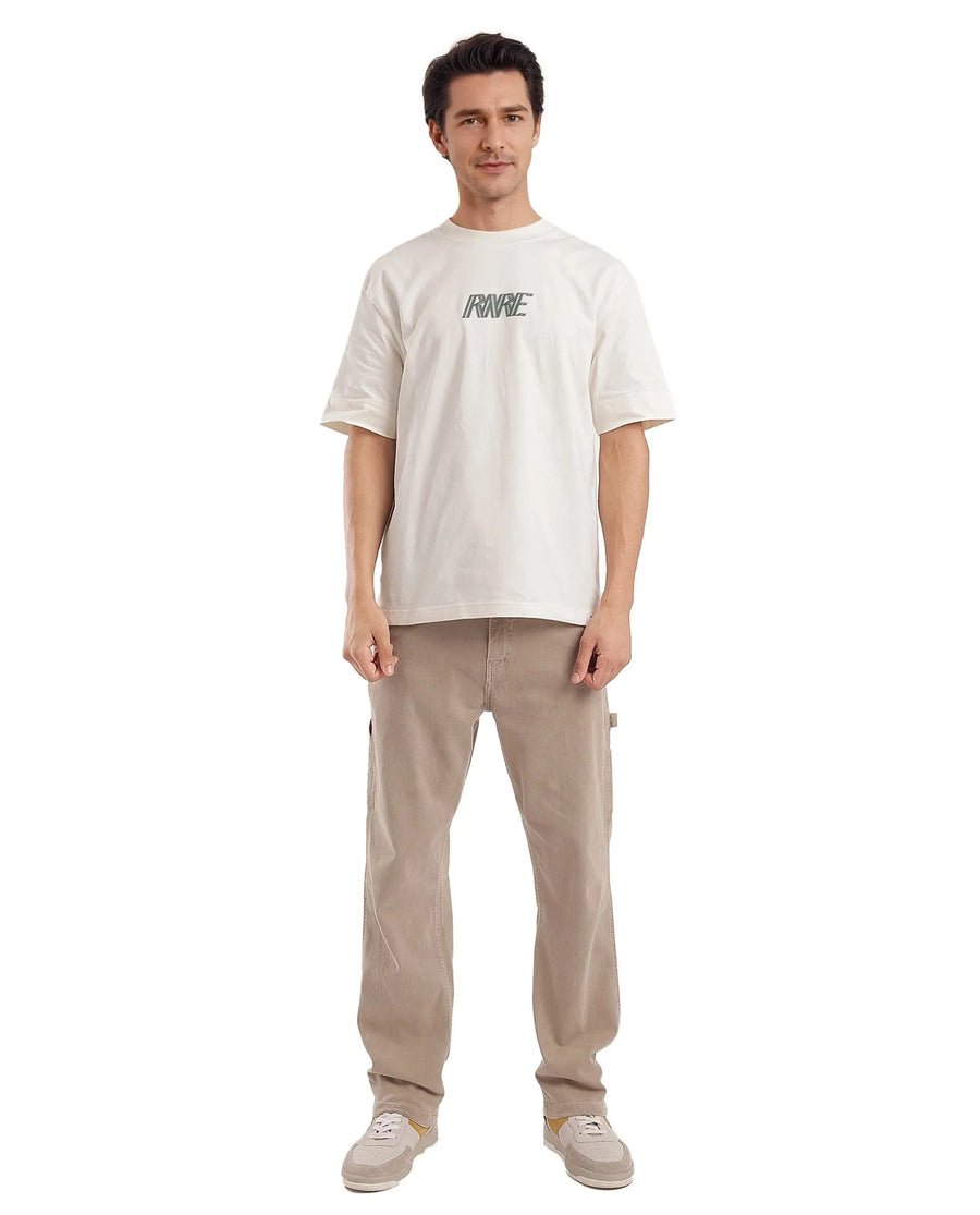 Rare Rabbit Men's Harve Off White Cotton Graphic Print Boxy Fit Half Sleeve Crew Neck T-Shirt