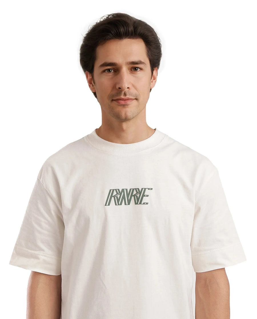 Rare Rabbit Men's Harve Off White Cotton Graphic Print Boxy Fit Half Sleeve Crew Neck T-Shirt