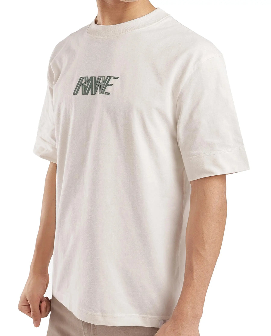 Rare Rabbit Men's Harve Off White Cotton Graphic Print Boxy Fit Half Sleeve Crew Neck T-Shirt