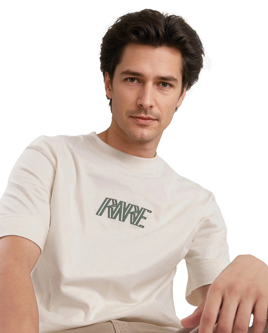 Rare Rabbit Men's Harve Off White Cotton Graphic Print Boxy Fit Half Sleeve Crew Neck T-Shirt