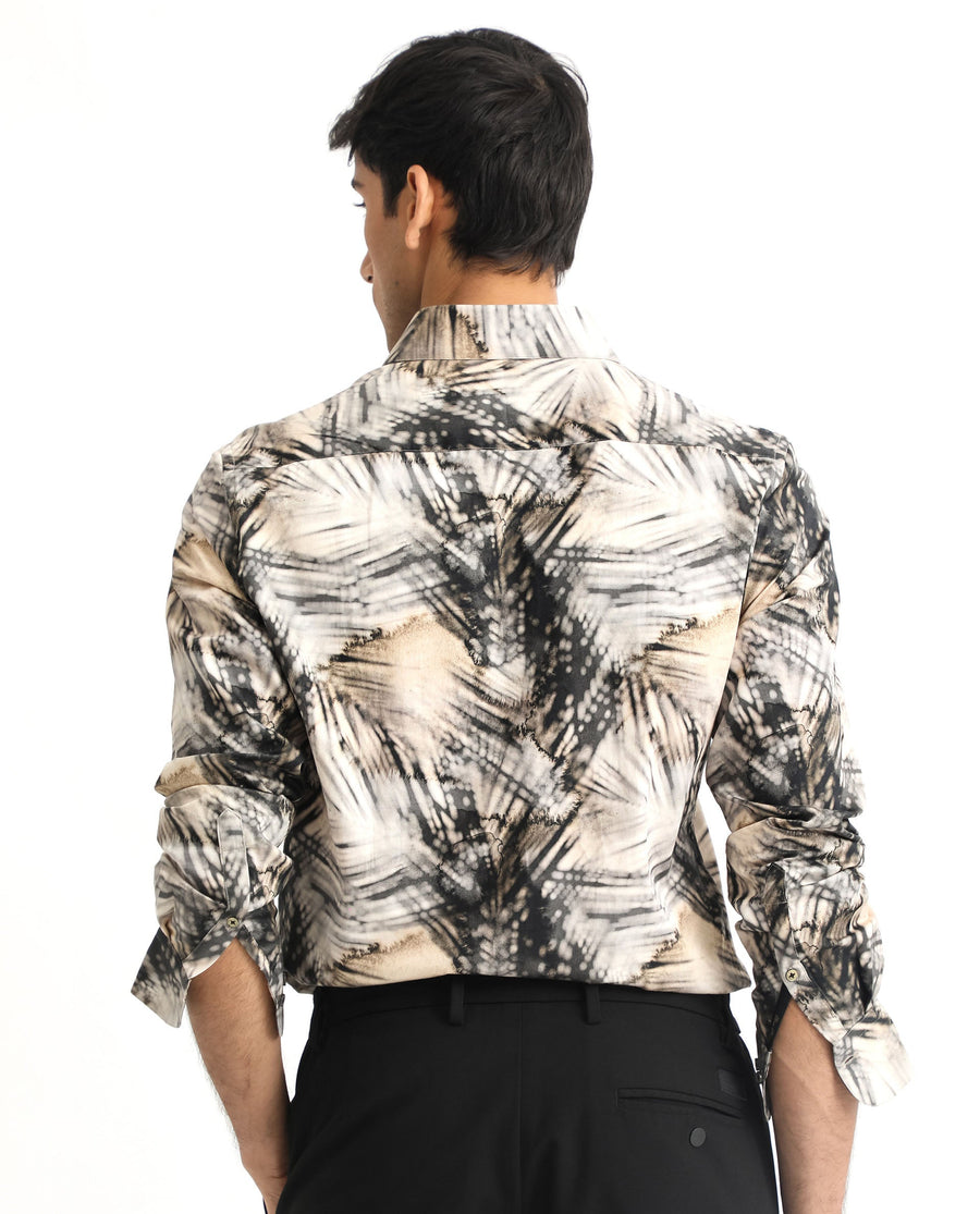 Rare Rabbit Men's Haussman Offwhite Cotton Tropical Print Regular Fit Full Sleeve Collared Shirt