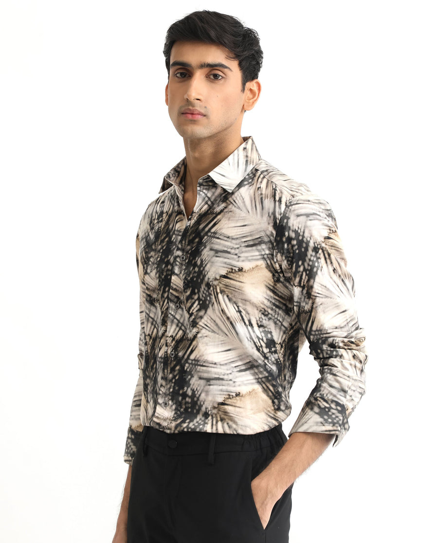 Rare Rabbit Men's Haussman Offwhite Cotton Tropical Print Regular Fit Full Sleeve Collared Shirt