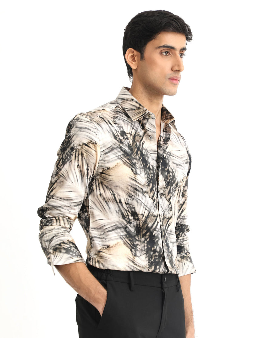 Rare Rabbit Men's Haussman Offwhite Cotton Tropical Print Regular Fit Full Sleeve Collared Shirt
