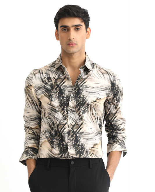 Rare Rabbit Men's Haussman Offwhite Cotton Tropical Print Regular Fit Full Sleeve Collared Shirt