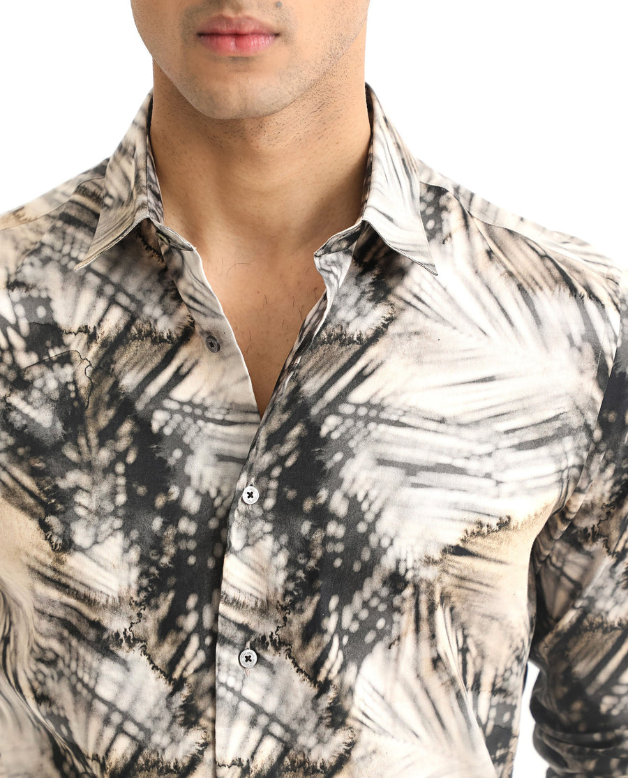Rare Rabbit Men's Haussman Offwhite Cotton Tropical Print Regular Fit Full Sleeve Collared Shirt