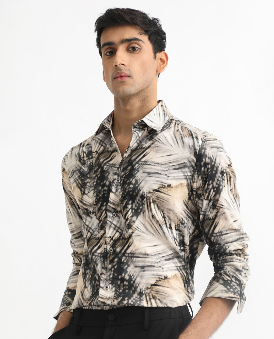 Rare Rabbit Men's Haussman Offwhite Cotton Tropical Print Regular Fit Full Sleeve Collared Shirt