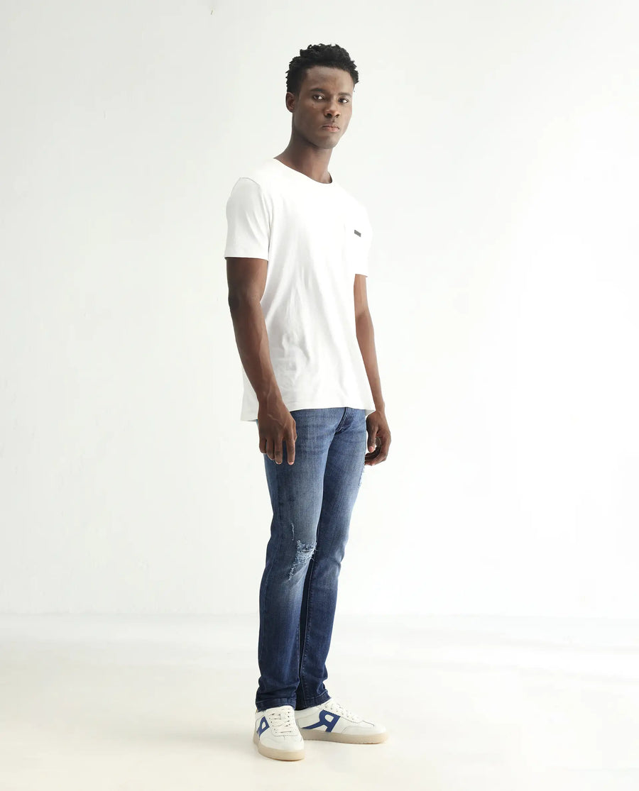 Rare Rabbit Men's Hawkins Dark Blue Cotton Plain Hawk Slim Fit Jeans