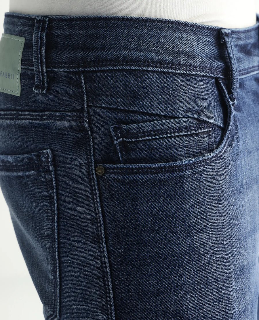 Rare Rabbit Men's Hawkins Dark Blue Cotton Plain Hawk Slim Fit Jeans