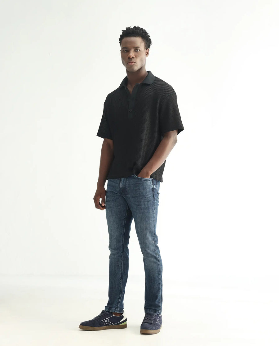 Rare Rabbit Men's Hawkins Dusky Blue Cotton Plain Hawk Slim Fit Jeans