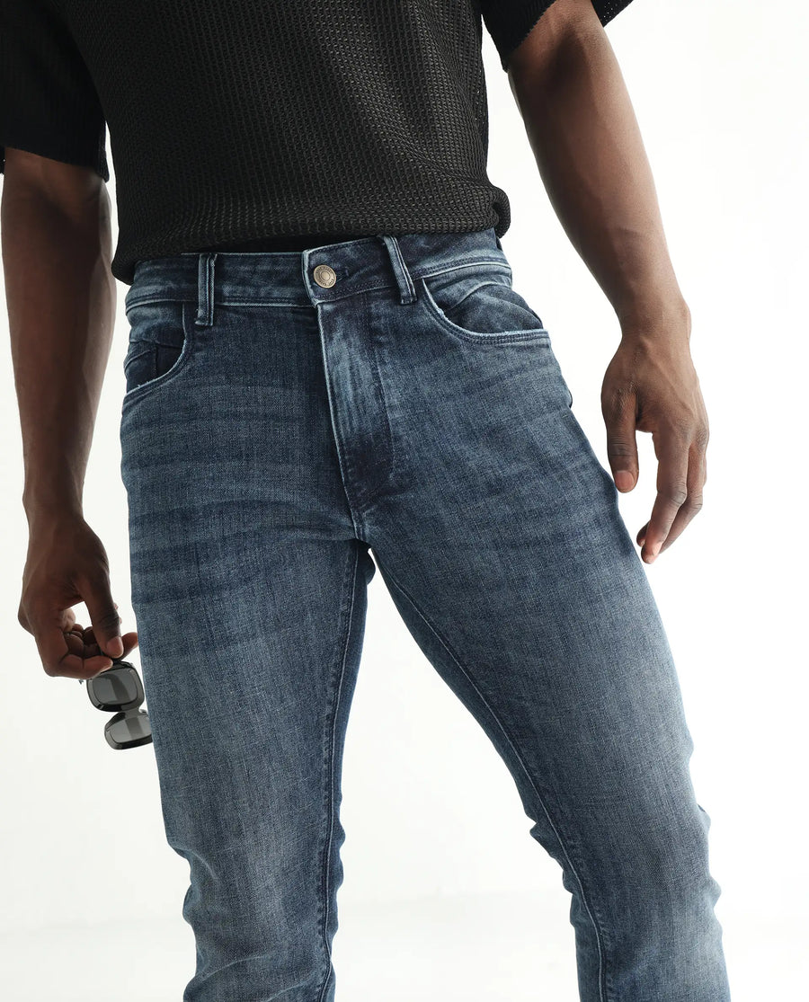 Rare Rabbit Men's Hawkins Dusky Blue Cotton Plain Hawk Slim Fit Jeans