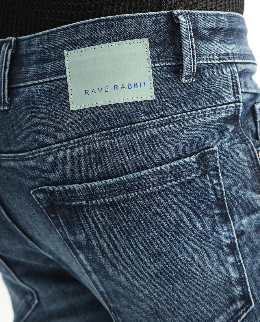 Rare Rabbit Men's Hawkins Dusky Blue Cotton Plain Hawk Slim Fit Jeans