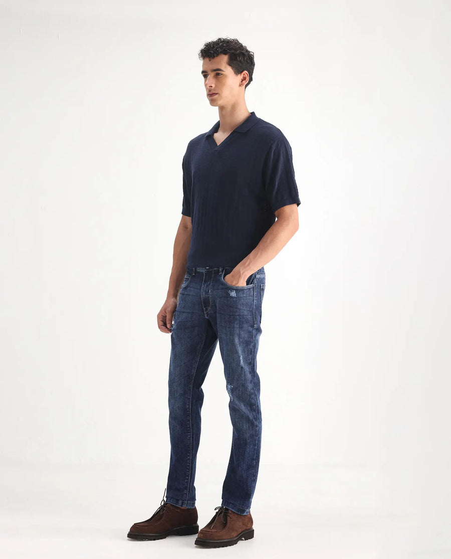 Rare Rabbit Men's Hawkins Light Blue Cotton Plain Hawk Slim Fit Jeans