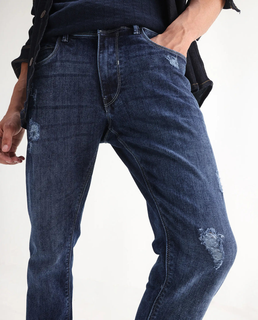 Rare Rabbit Men's Hawkins Light Blue Cotton Plain Hawk Slim Fit Jeans