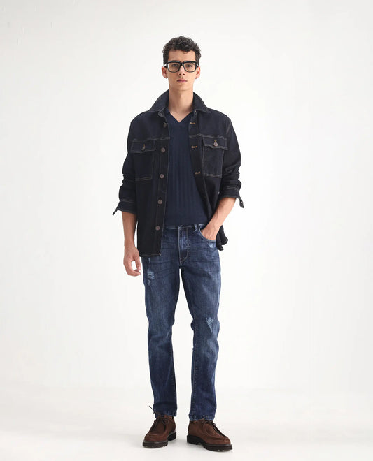 Rare Rabbit Men's Hawkins Light Blue Cotton Plain Hawk Slim Fit Jeans