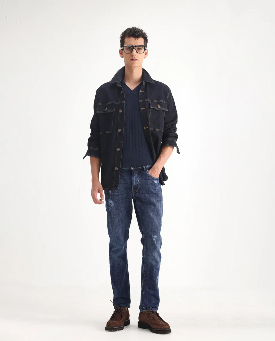 Rare Rabbit Men's Hawkins Light Blue Cotton Plain Hawk Slim Fit Jeans