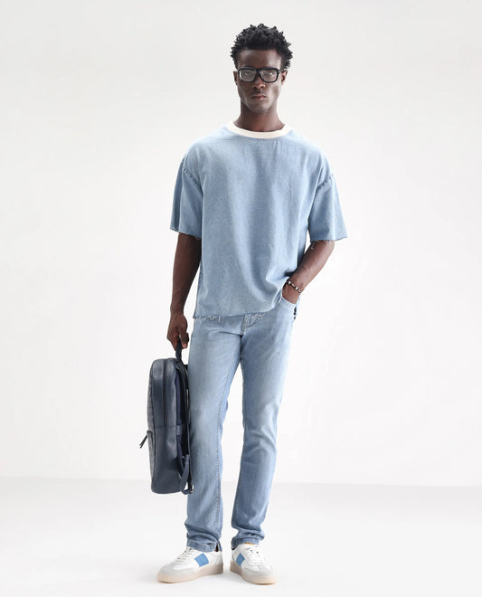 Rare Rabbit Men's Hawkins Pastel Blue Cotton Plain Hawk Slim Fit Jeans