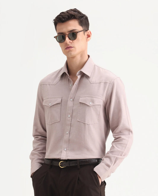 Rare Rabbit Men's Haxlr-25 Dusky Pink Cotton Blend Plain Regular Fit Full Sleeve Collared Shirt