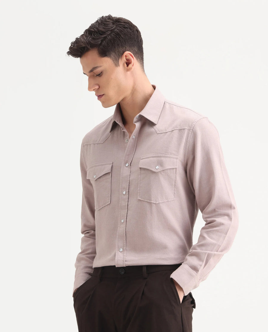 Rare Rabbit Men's Haxlr-25 Dusky Pink Cotton Blend Plain Regular Fit Full Sleeve Collared Shirt