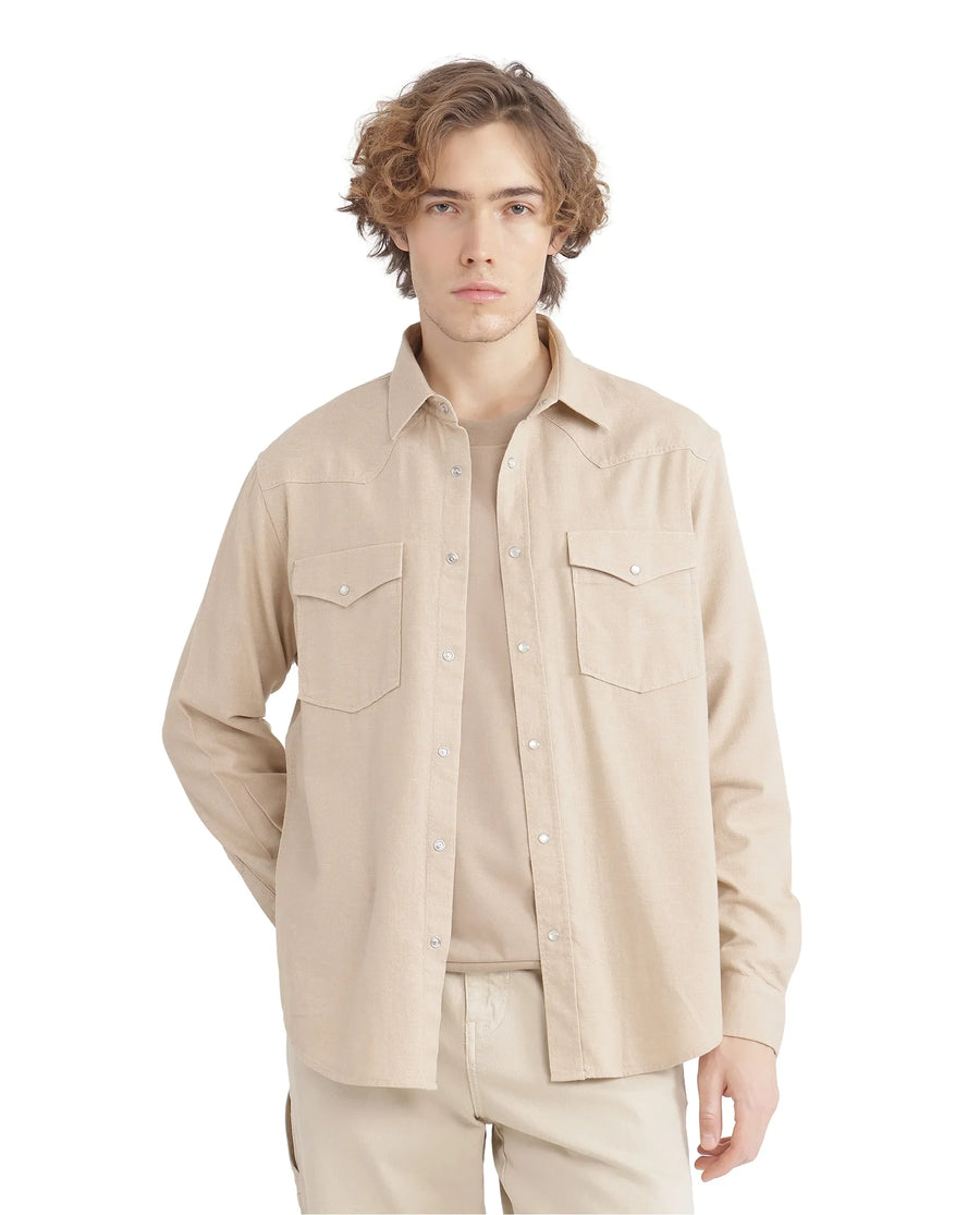 Rare Rabbit Men's Haxlr Beige Cotton Blend Plain Regular Fit Full Sleeve Collared Shirt