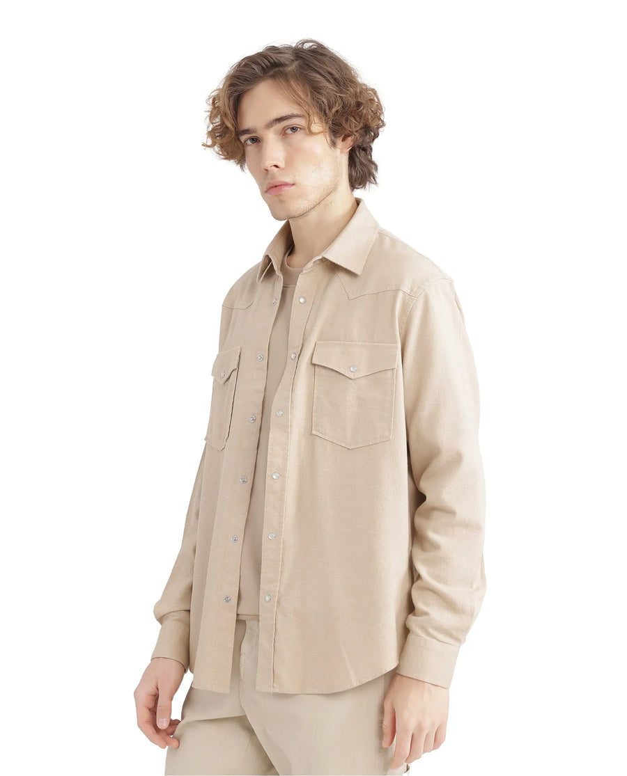 Rare Rabbit Men's Haxlr Beige Cotton Blend Plain Regular Fit Full Sleeve Collared Shirt