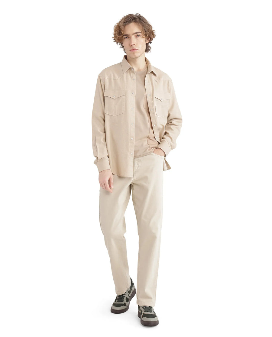 Rare Rabbit Men's Haxlr Beige Cotton Blend Plain Regular Fit Full Sleeve Collared Shirt