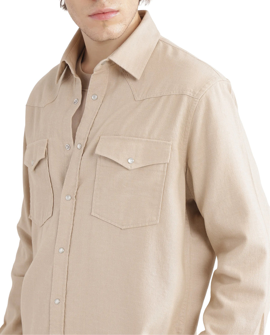Rare Rabbit Men's Haxlr Beige Cotton Blend Plain Regular Fit Full Sleeve Collared Shirt